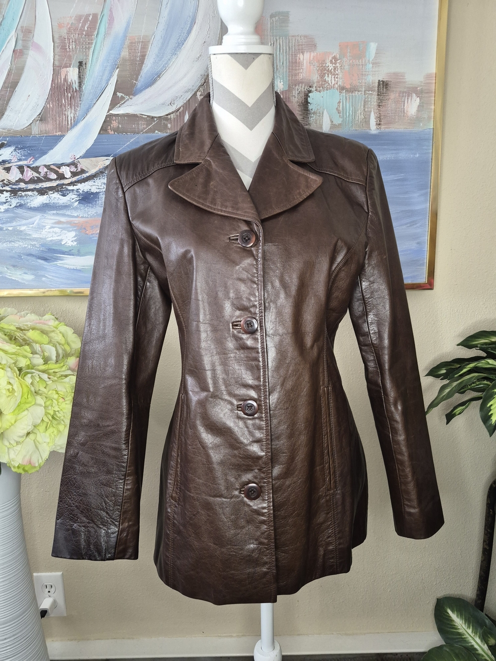 Vintage Kenneth Cole New York Chocolate Brown Leather Button Jacket